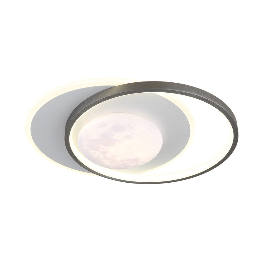 Plafonnier circulaire noir mat à motif lunaire et anneaux lumineux, vu de face
