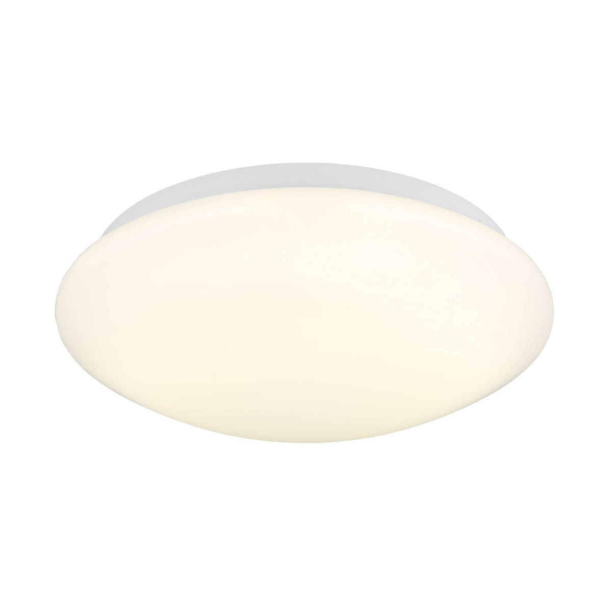 Vue de face du plafonnier rond blanc mat, diffuseur opale et fin cerclage