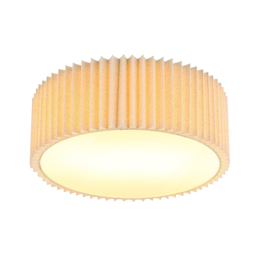 Vue de face du plafonnier rond à abat-jour plissé beige et diffuseur blanc