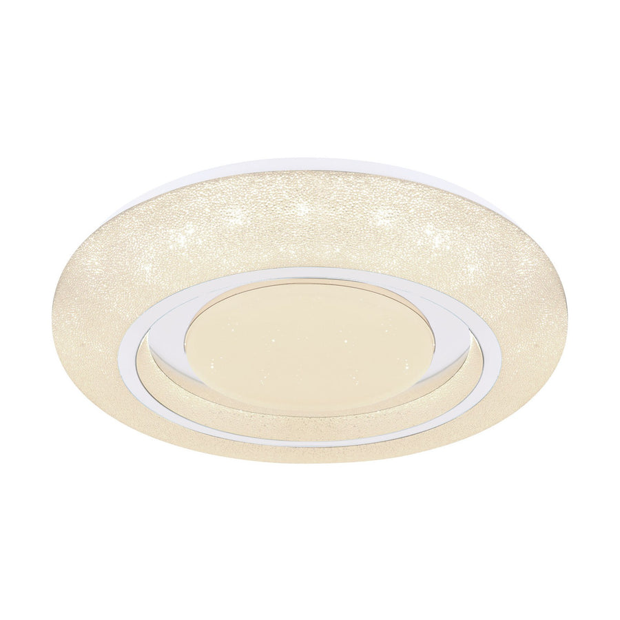 Plafonnier rond blanc vu de face, éclairage allumé en lumière chaude
