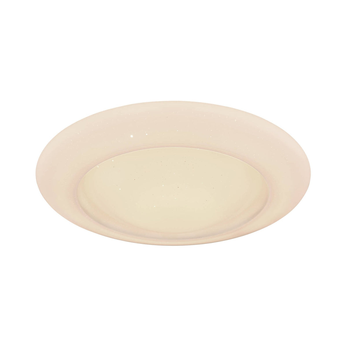 Plafonnier rond de face, verre dépoli crème moucheté, vue de dessus sur fond blanc