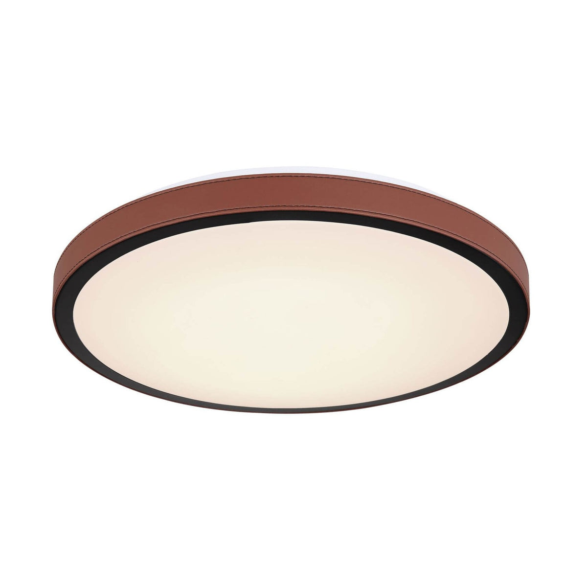 Plafonnier rond blanc de face, finition lisse et bord marron.