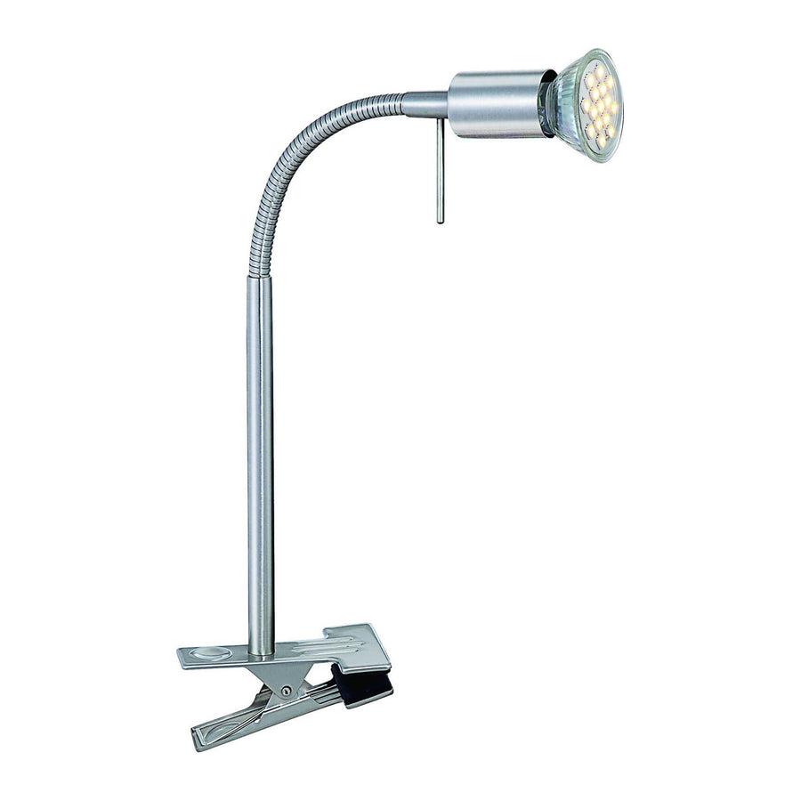 Produit isolé sur fond blanc : spot à pince nickel satiné, bras flexible et tête lumineuse.