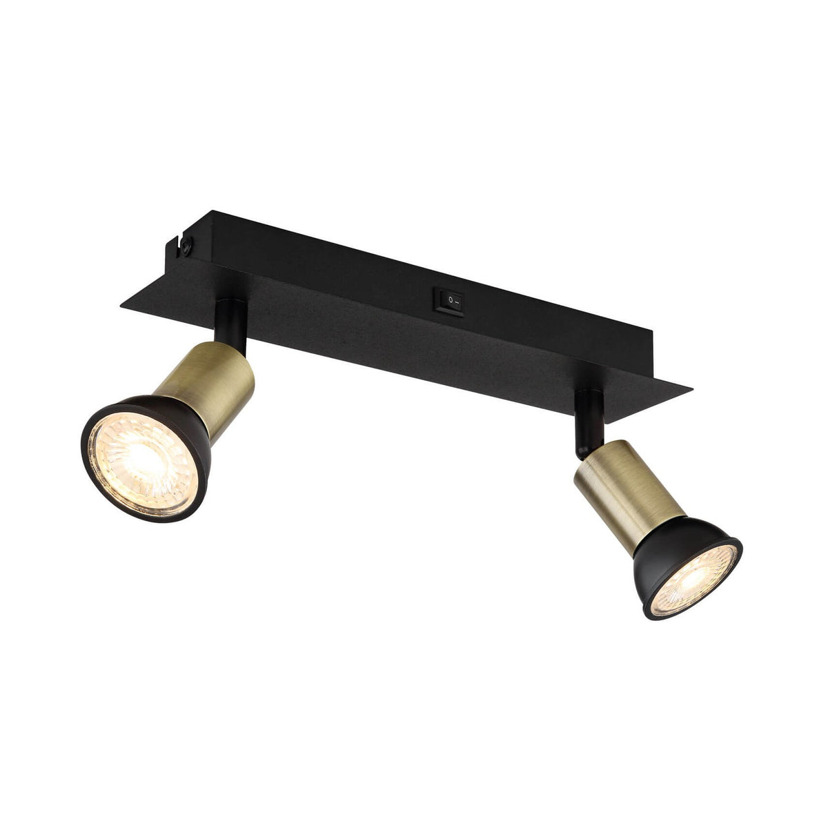 Vue de trois quarts du spot double, base rectangulaire noire et projecteurs orientables.