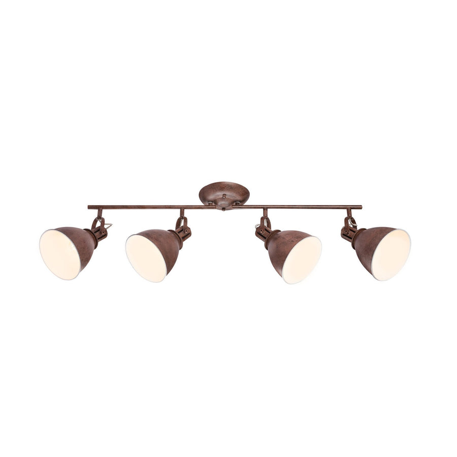 Vue de face du plafonnier quatre spots rouille, abat-jours coniques orientables sur fond blanc.