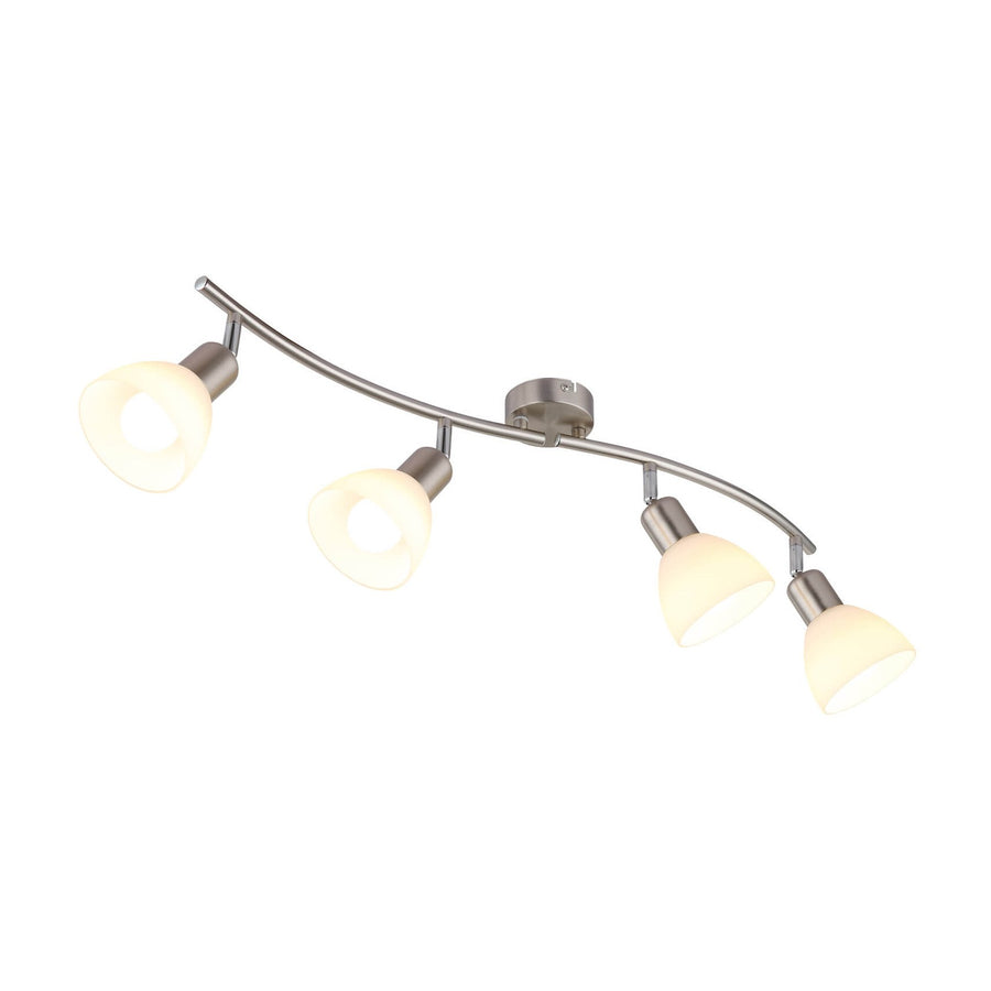 Vue de face du luminaire à quatre spots orientables sur barre incurvée