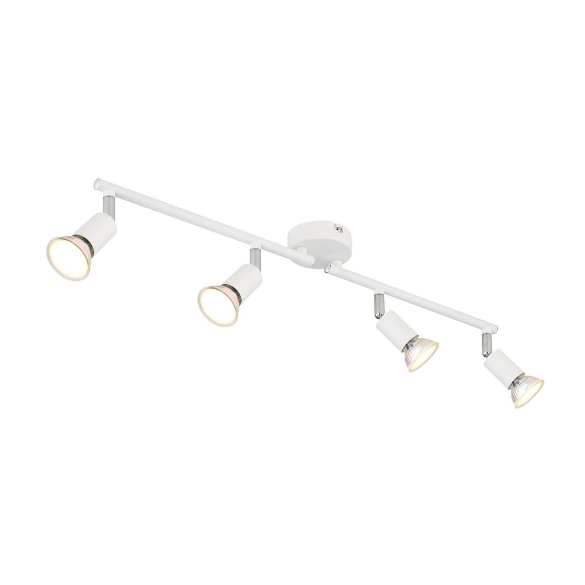 Luminaire plafond blanc avec quatre spots orientables montés sur barre linéaire
