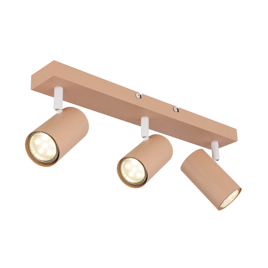 Vue de trois quarts du spot plafond beige à trois projecteurs cylindriques orientables