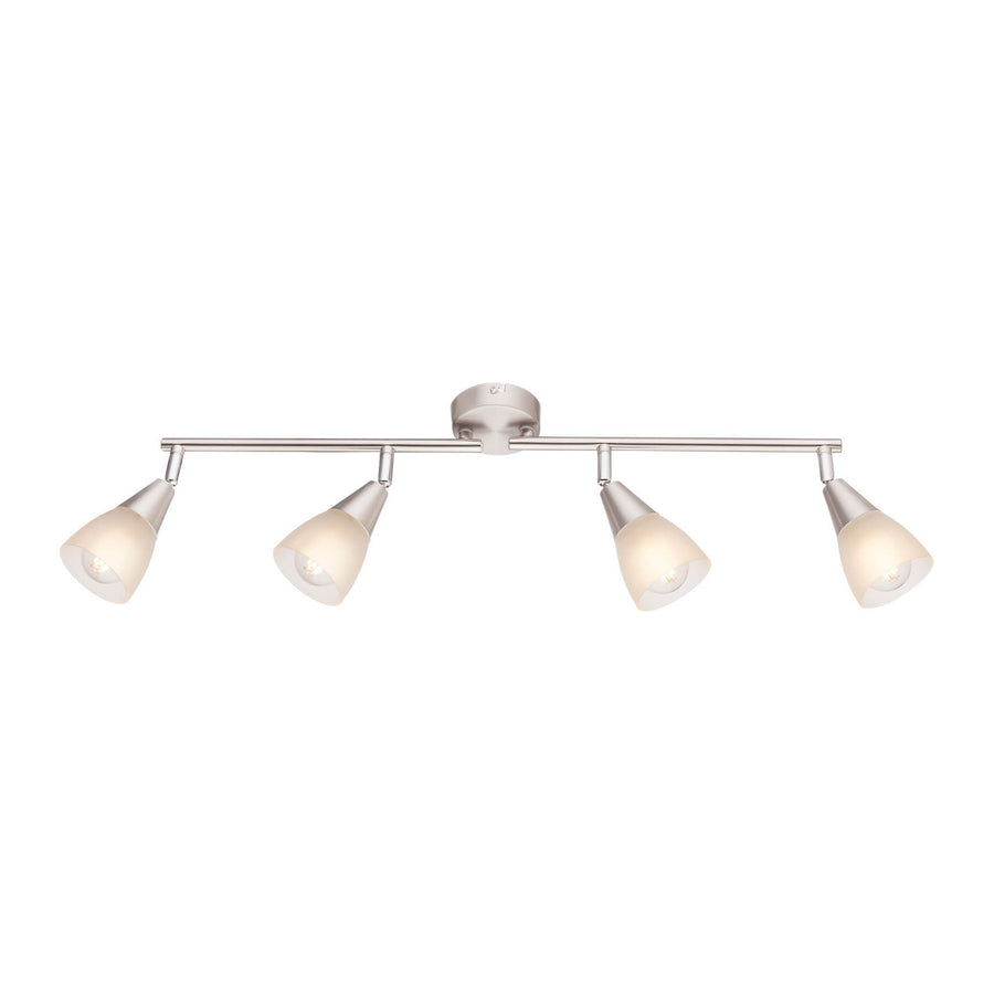 Produit de face sur fond blanc, présentant le plafonnier et ses quatre spots orientables.