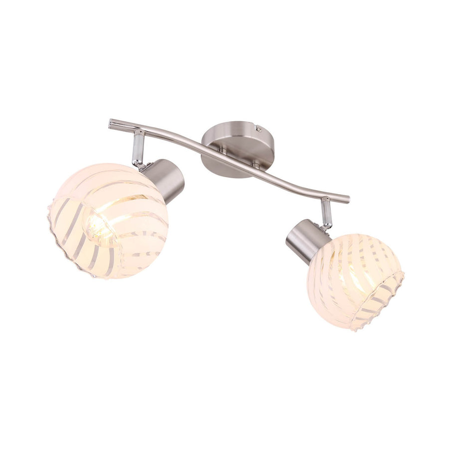 Spot deux lampes nickel satiné avec diffuseurs en verre strié, vue de trois quarts.