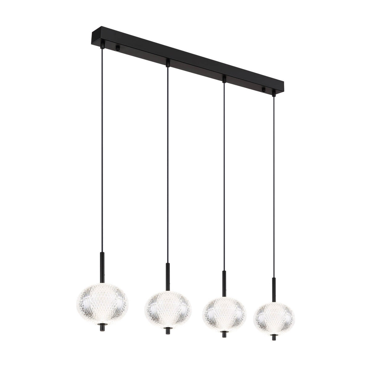 Suspension vue de face, quatre globes de verre texturé alignés sur une barre noire