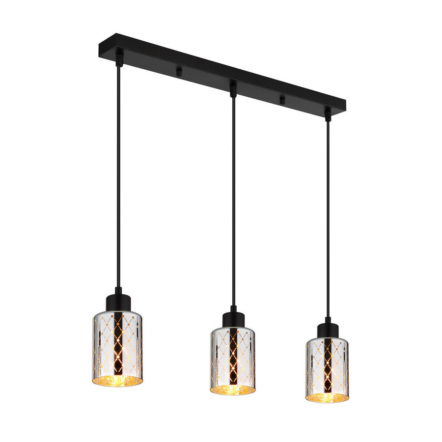 Vue de face du luminaire suspendu avec trois abat-jours cylindriques en verre et structure noire.