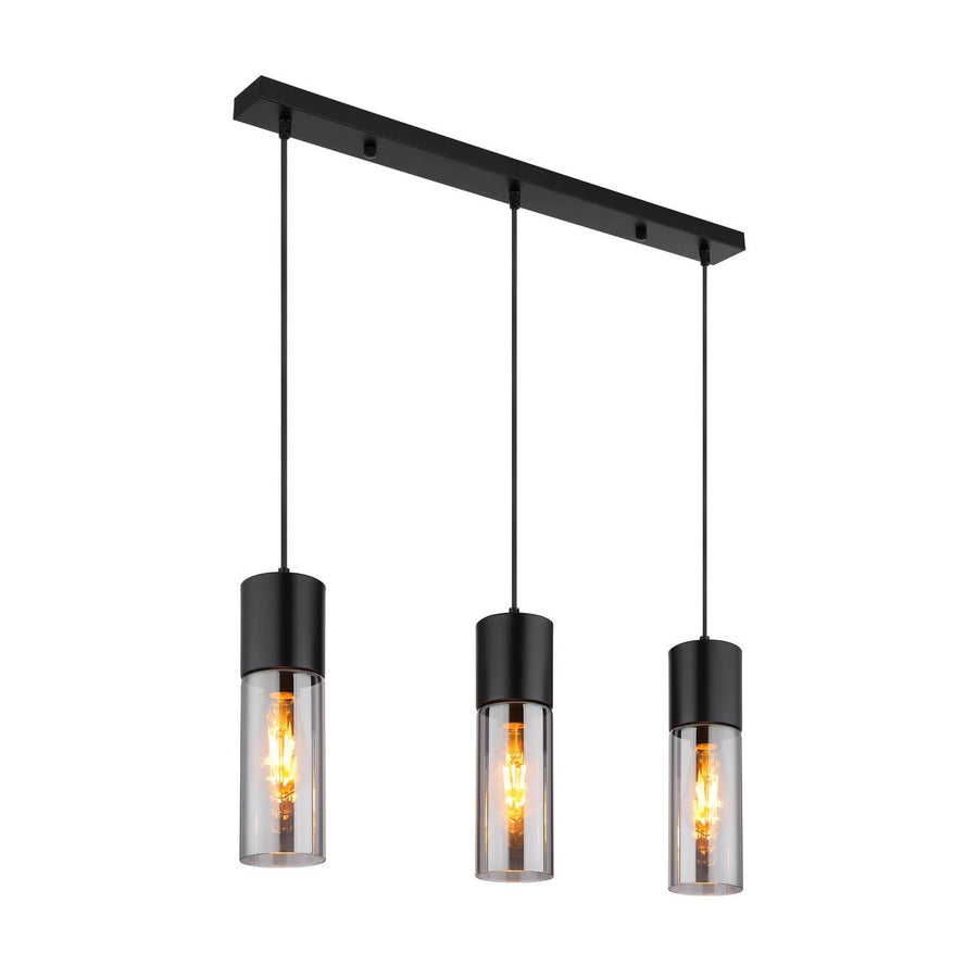Produit de face : suspension trois lumières noires alignées, support rectangulaire et ampoules allumées.