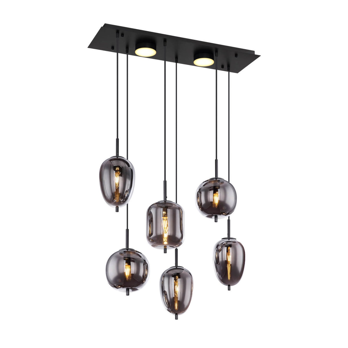 Suspension noire vue de trois quarts sur fond blanc avec six globes de verre fumé