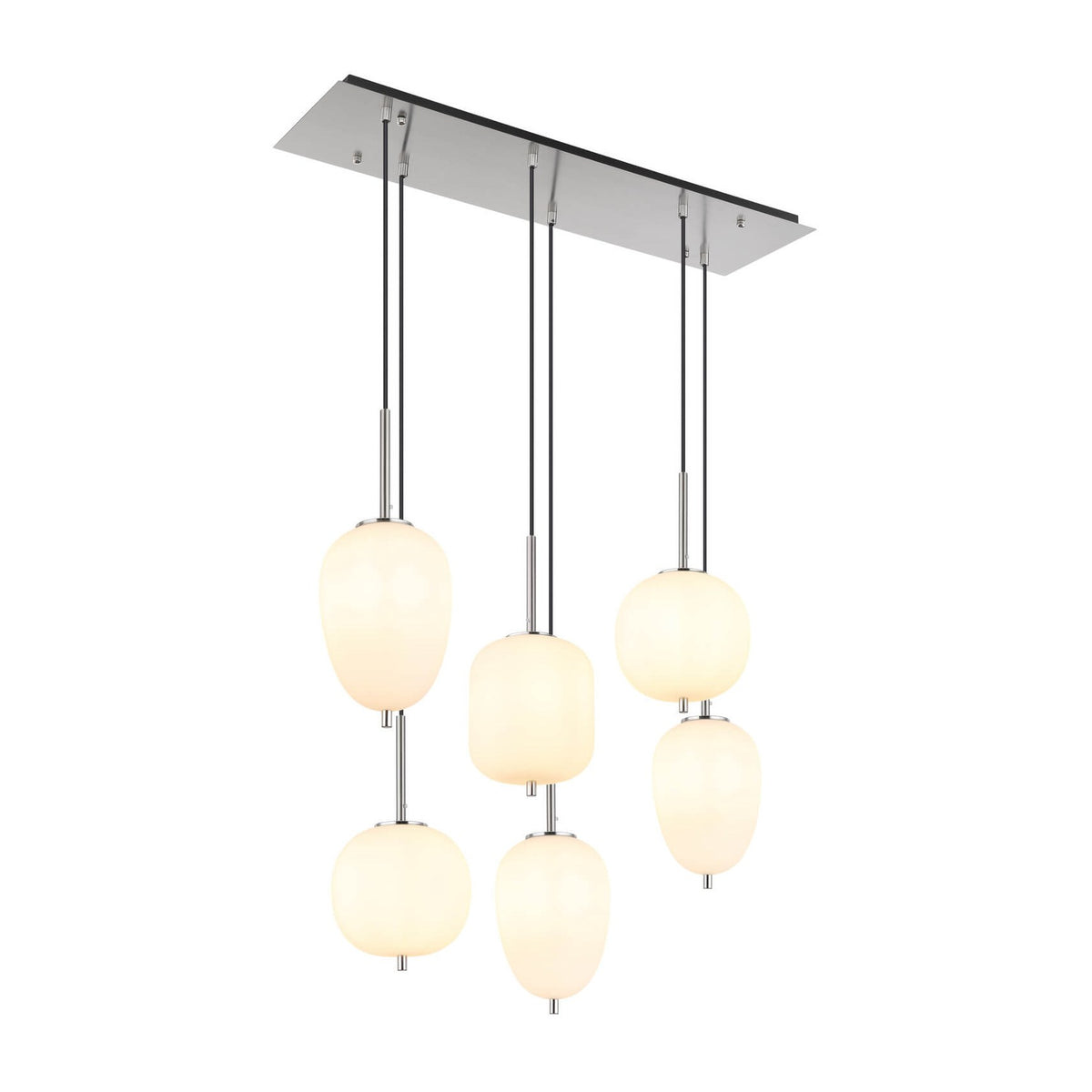Suspension six lampes vue de face, verres opale blancs et structure nickel satiné