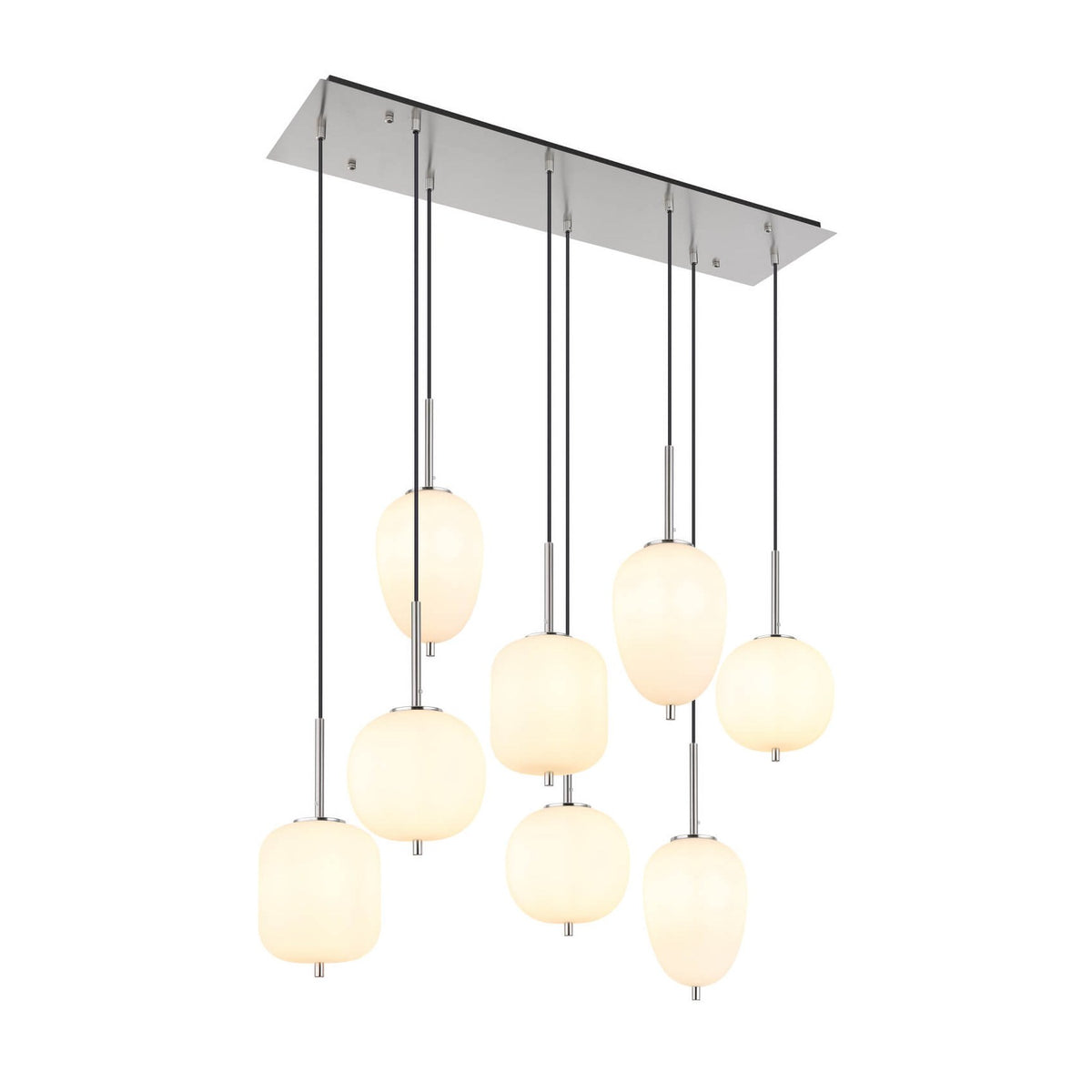 Vue d'ensemble du luminaire suspendu à huit globes opalins et structure nickel satiné