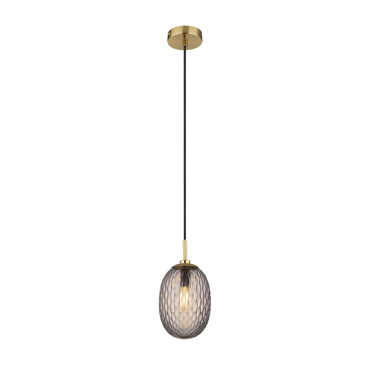 Vue de face du luminaire suspendu complet, câble noir et coupelle dorée