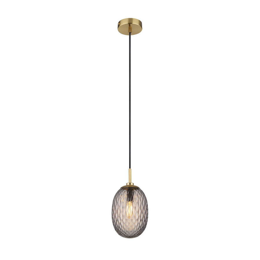 Vue de face du luminaire suspendu complet, câble noir et coupelle dorée