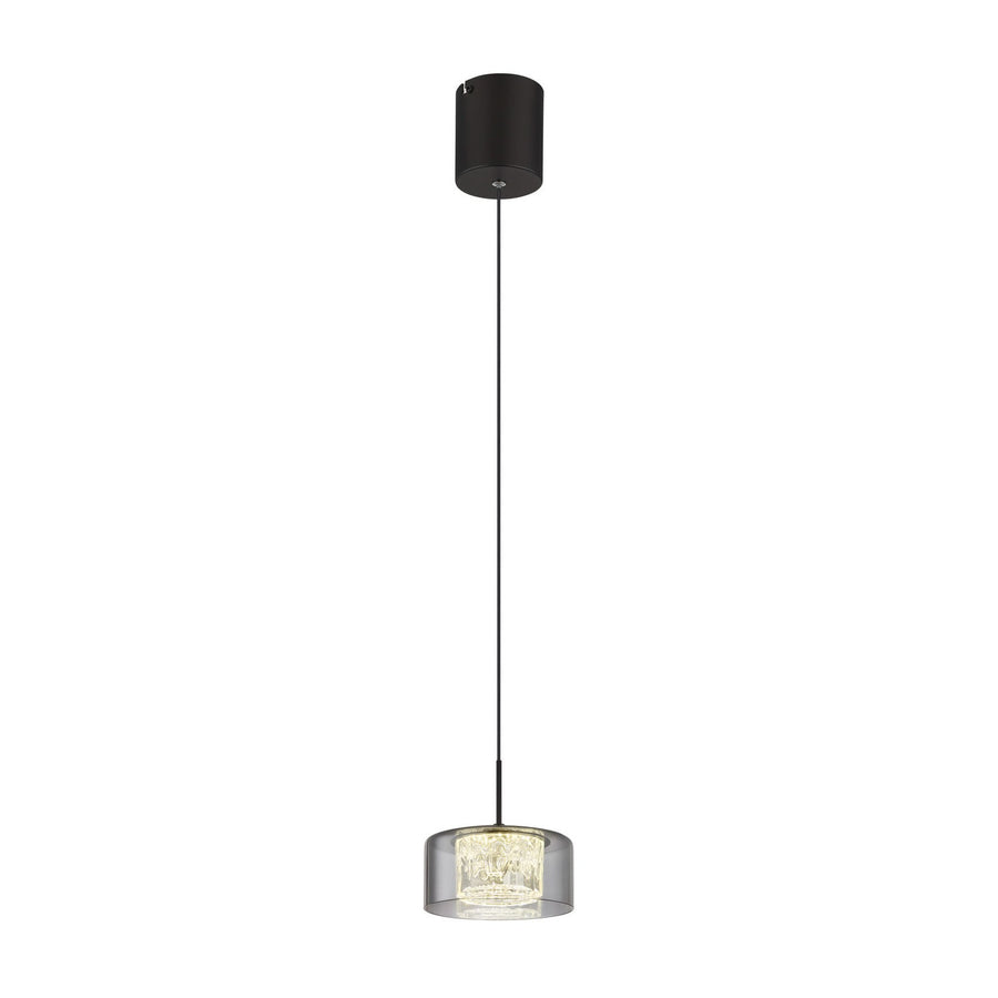 Suspension noire mate vue de face avec cordon et diffuseur cylindrique en verre fumé.