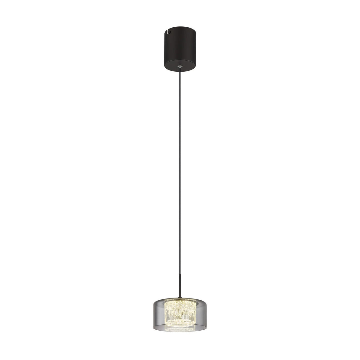 Suspension noire mate vue de face avec cordon et diffuseur cylindrique en verre fumé.