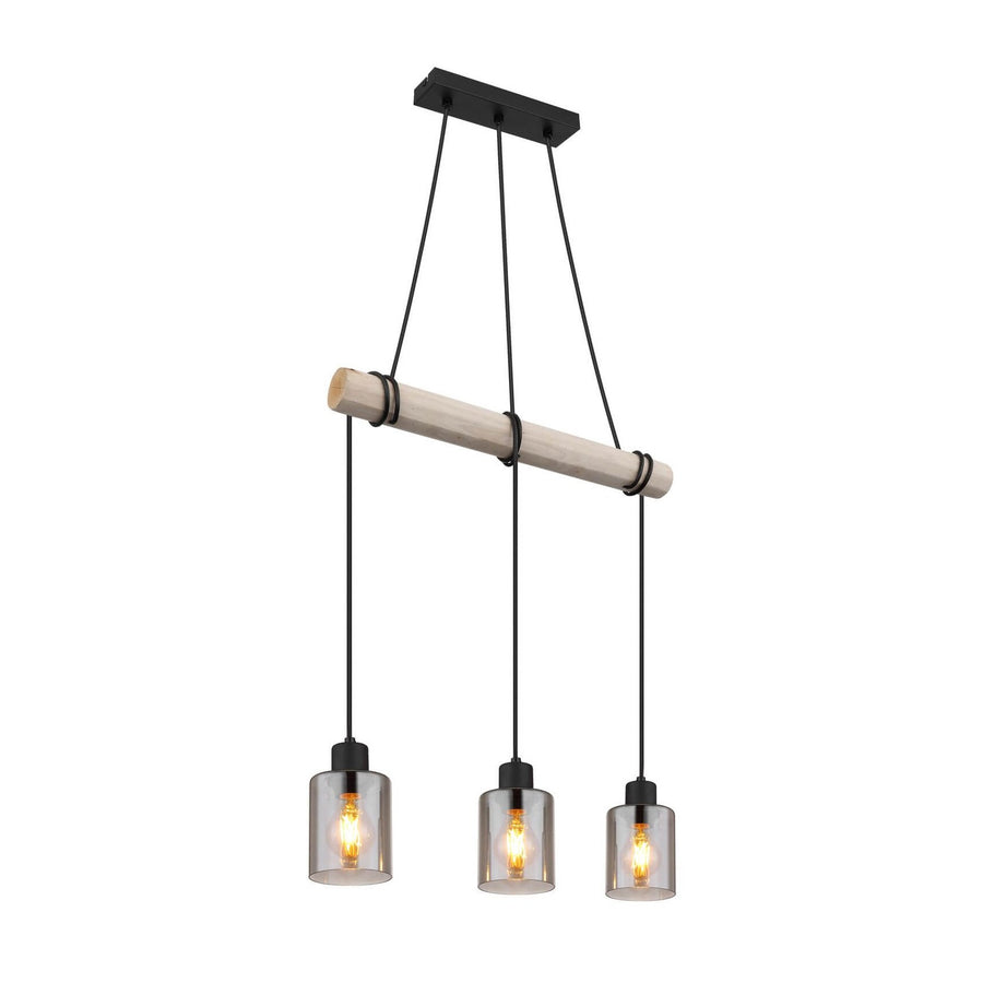 Vue de face du luminaire suspendu avec barre en bois et trois abat-jours en verre