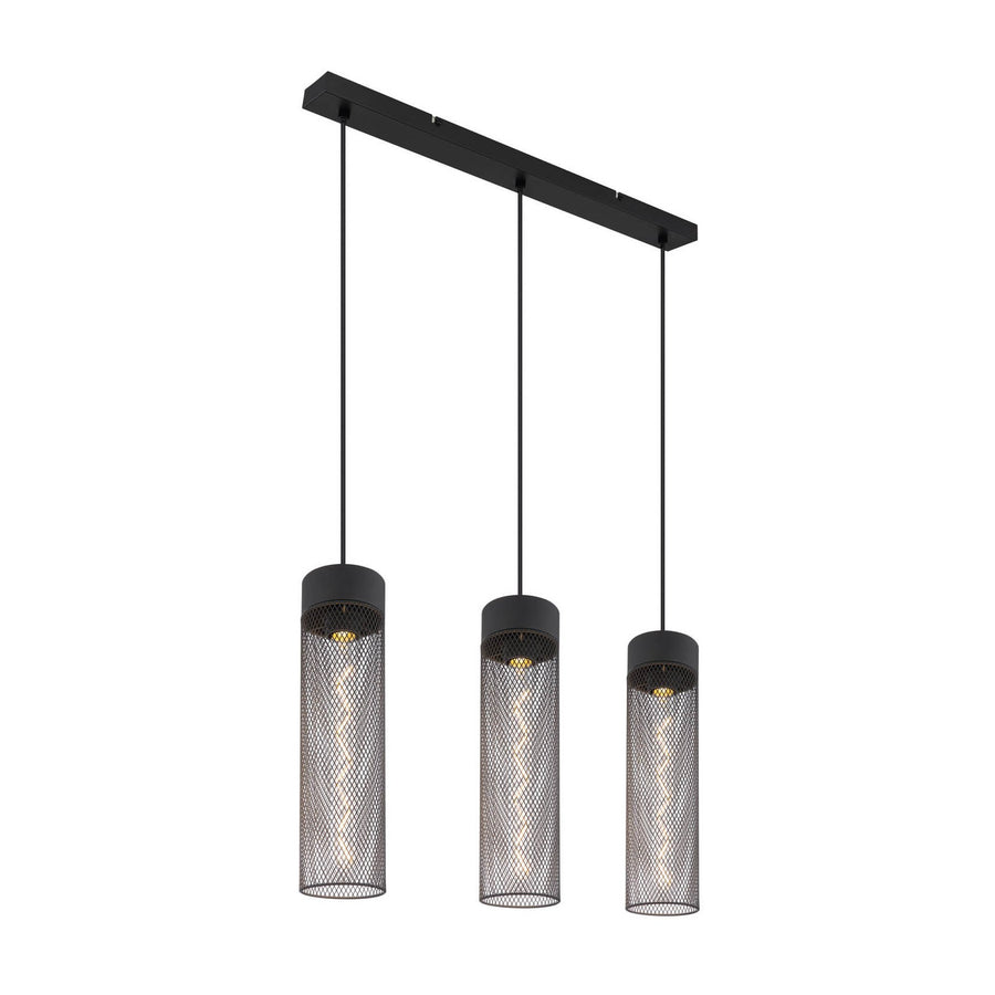 Vue de face du luminaire complet avec ses trois cylindres suspendus