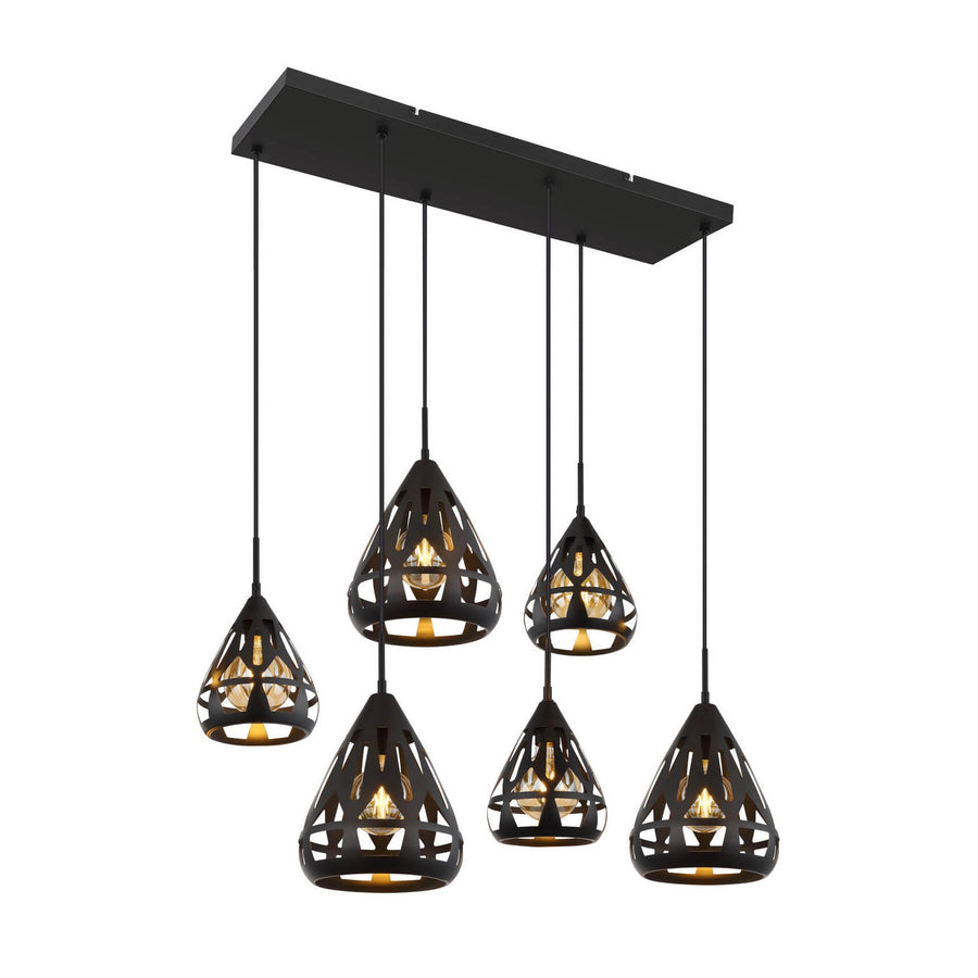 Vue d'ensemble d'une suspension six lumières noires aux abat-jours coniques ajourés