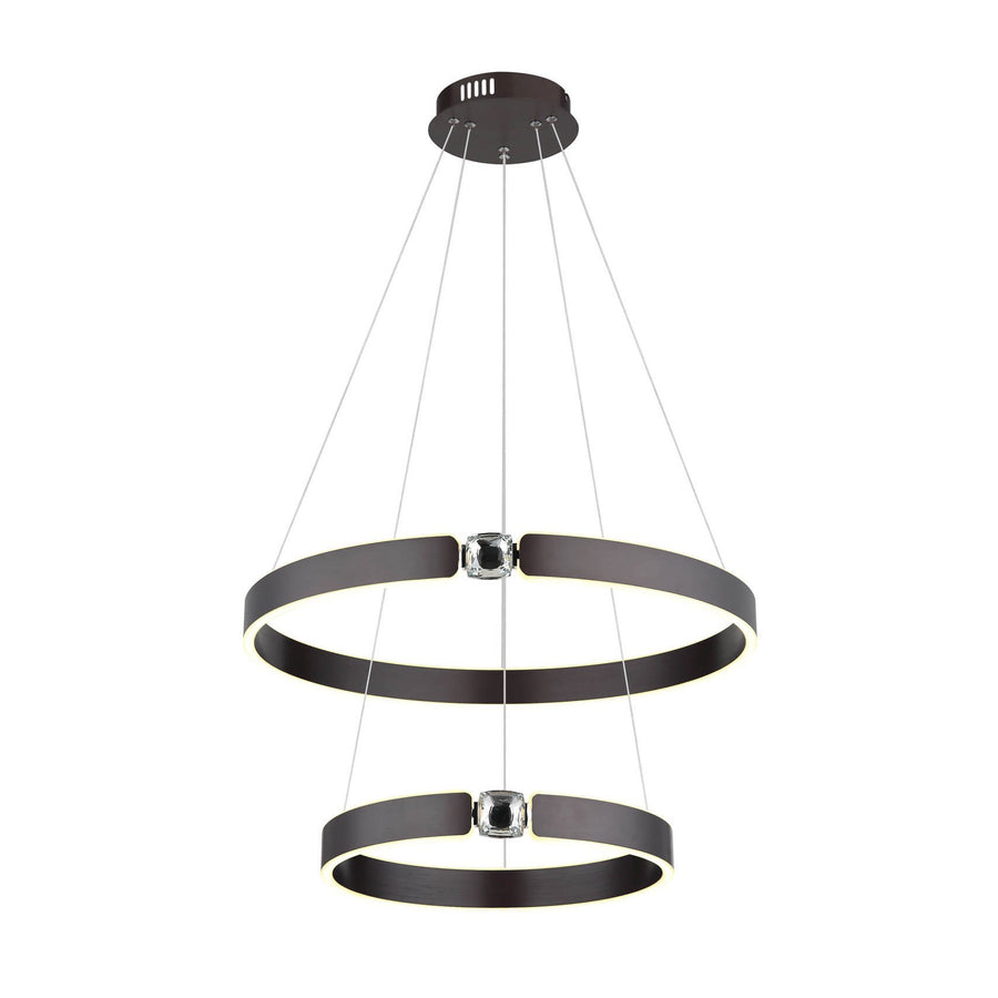 Vue de face du luminaire suspendu avec ses deux anneaux bronze superposés