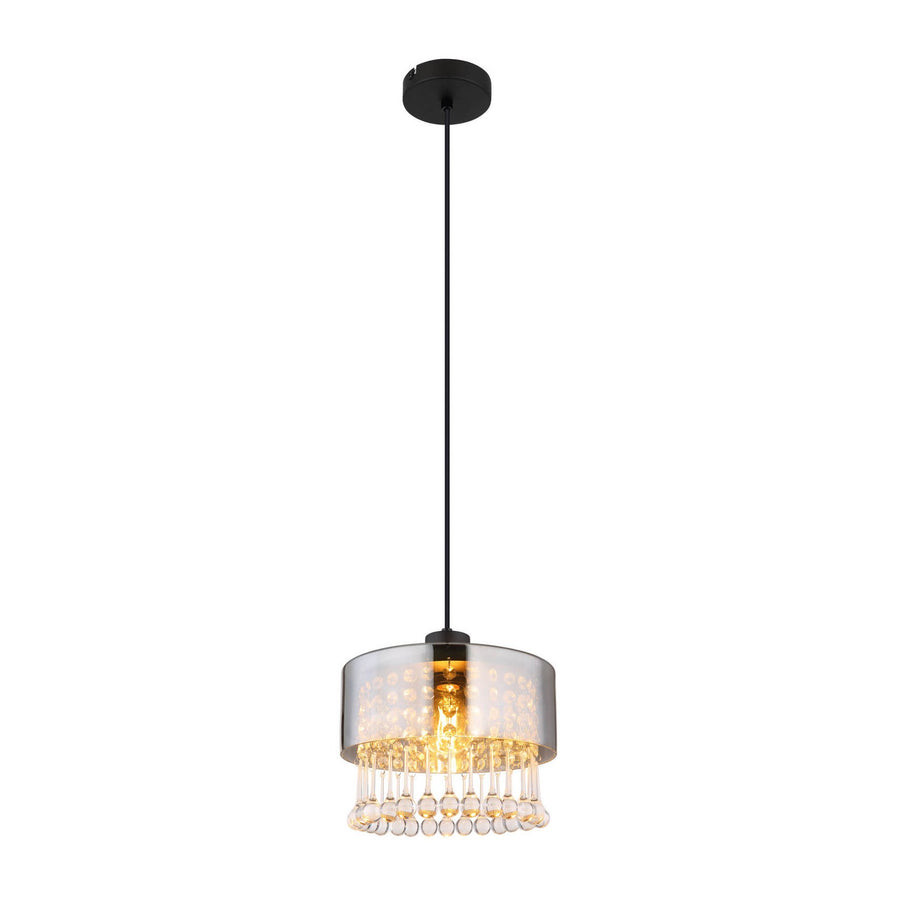 Suspension noire mat vue de face avec abat-jour cylindrique en verre fumé et gouttes cristal