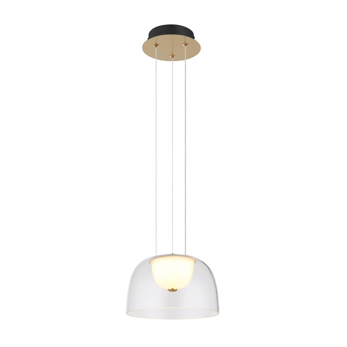 Suspension vue de face sur fond blanc, rosace laiton et trois câbles fins