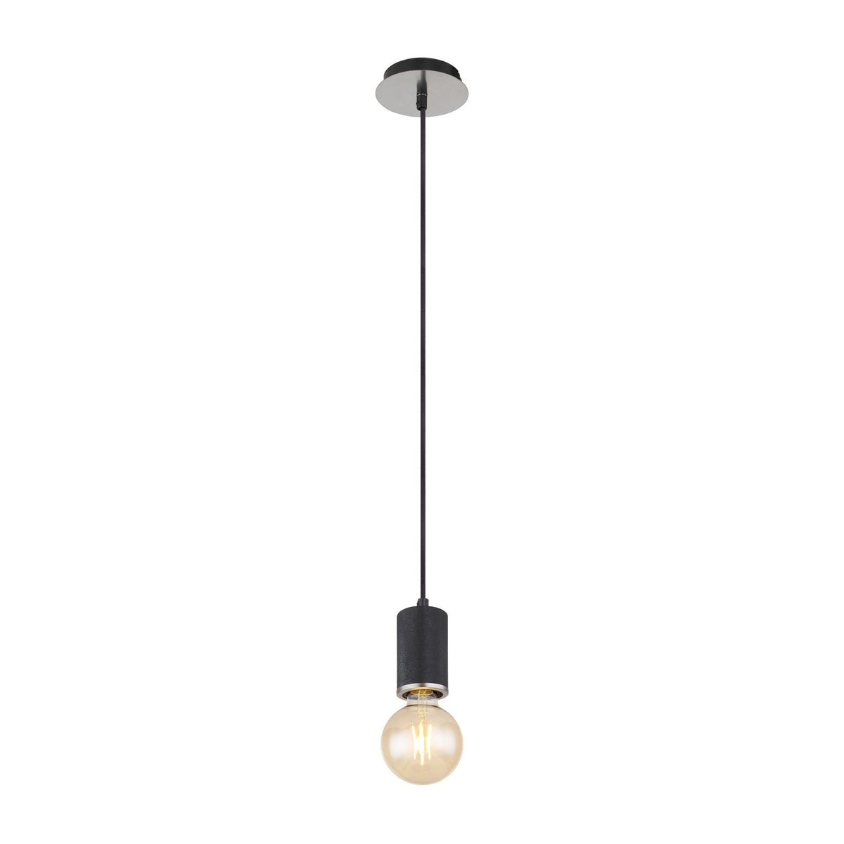 Suspension noire complète sur fond blanc, câble et ampoule globe visibles.