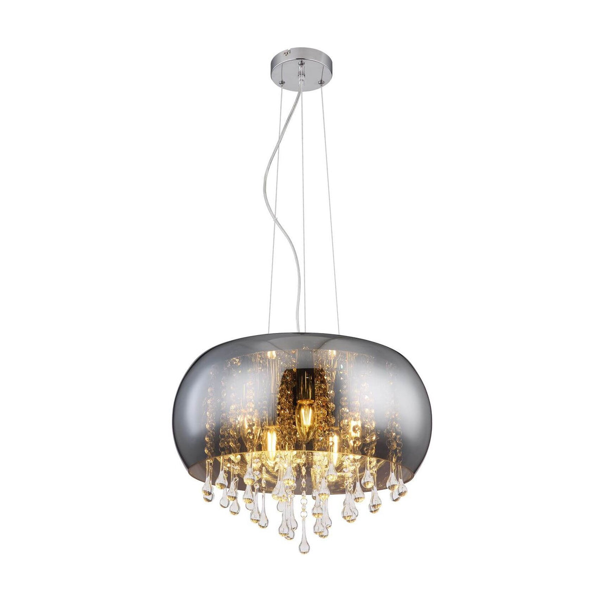 Suspension chromée en forme de dôme avec gouttes de cristal, vue de face sur fond blanc
