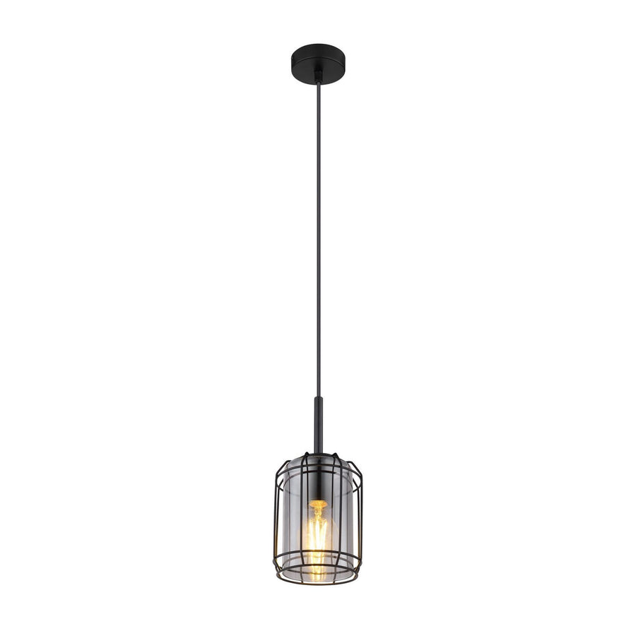 Vue de face du luminaire suspendu avec abat-jour cylindrique en métal noir et verre transparent.