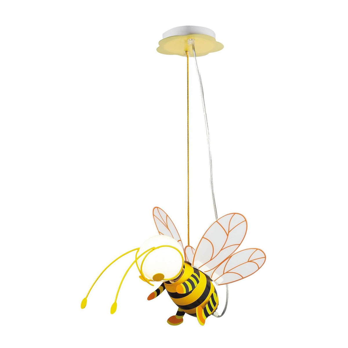 Suspension enfant en forme d'abeille jaune et noire, ailes blanches, sur fond blanc.