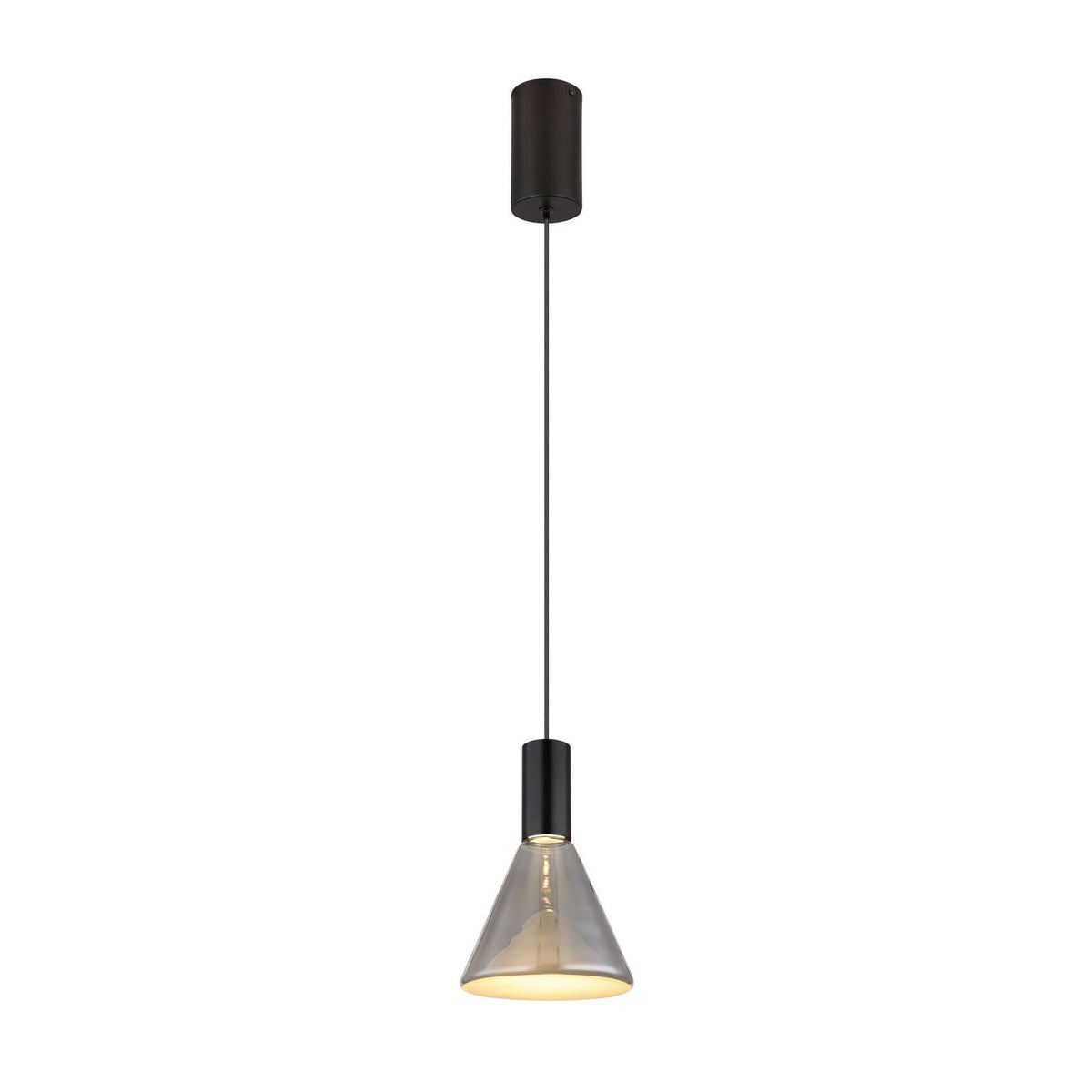 Suspension noire vue de face sur fond blanc, verre fumé et lumière chaude