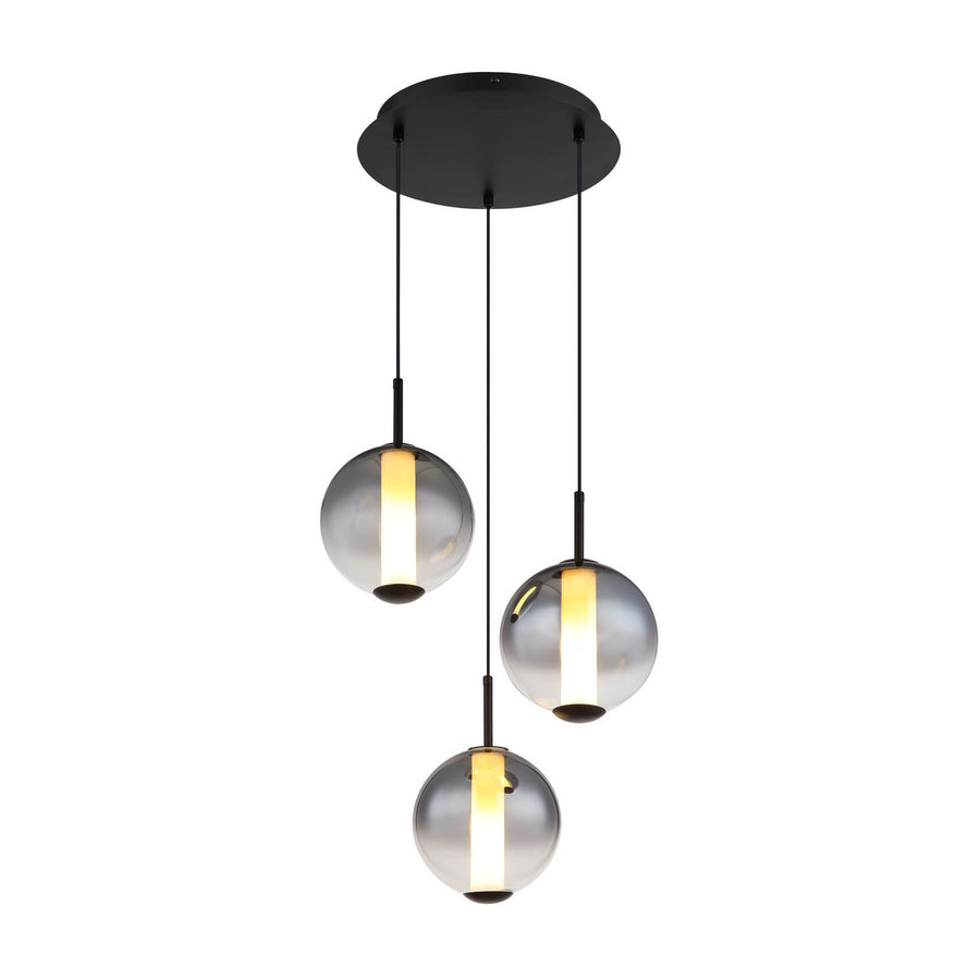 Trois globes de verre fumé et tubes LED allumés, suspension vue de face sur fond blanc