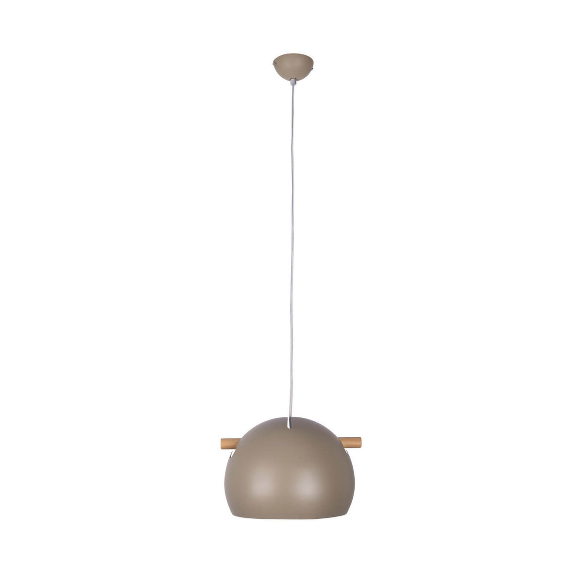 Vue d'ensemble du luminaire suspendu avec câble, rosace et abat-jour bombé gris.