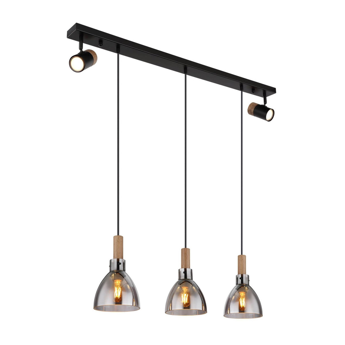 Vue d'ensemble du luminaire noir avec trois suspensions et deux projecteurs orientables.