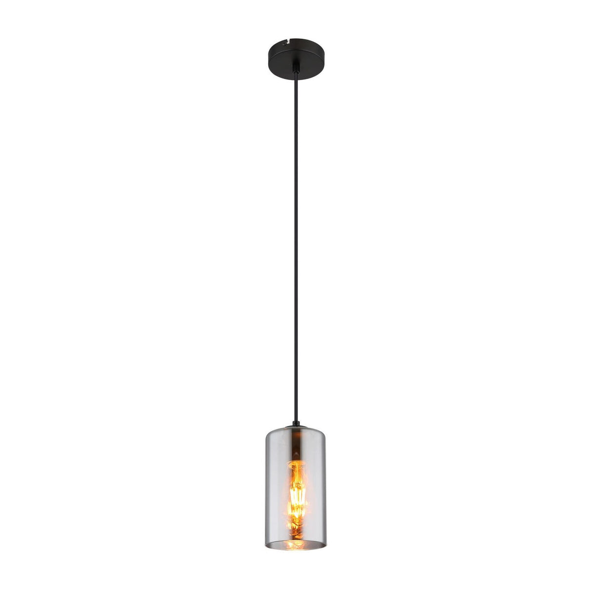 Vue de face sur fond blanc de la suspension à abat-jour cylindrique en verre.