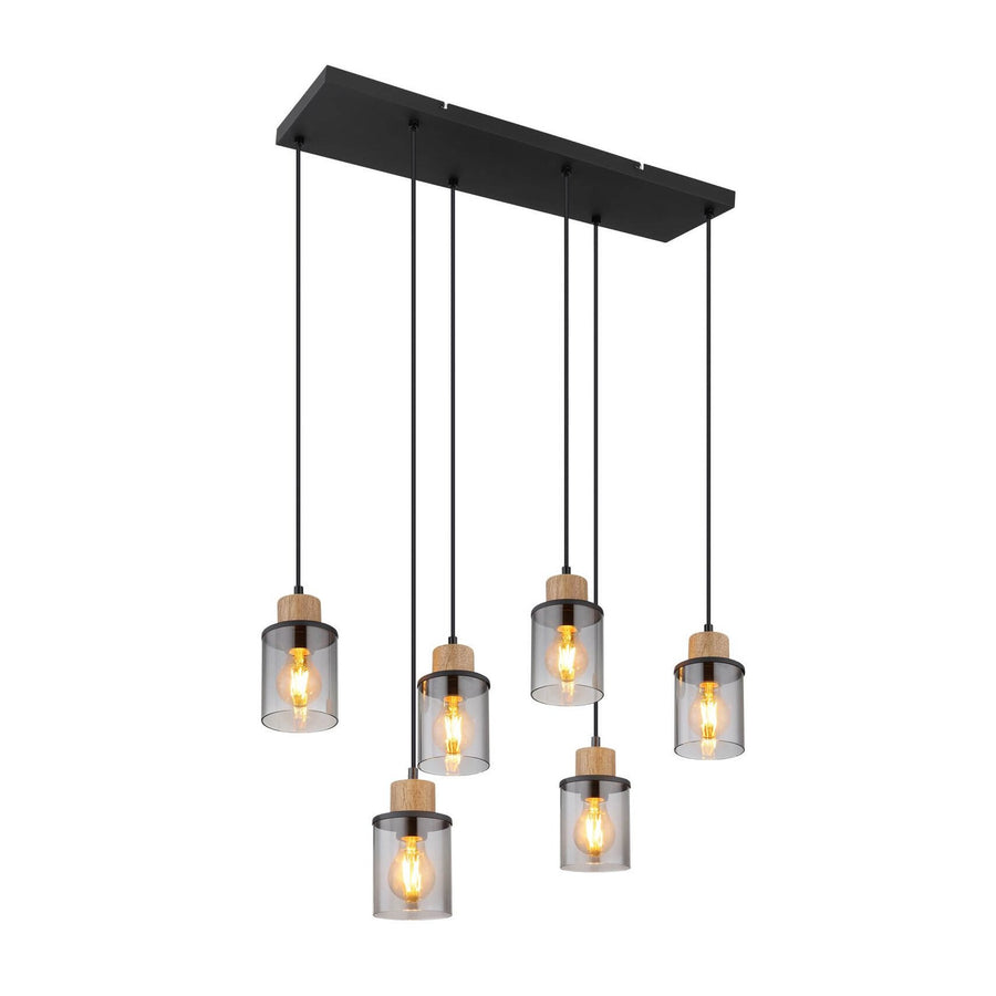 Suspension six lumières vue de face, verres cylindriques fumés et câbles noirs