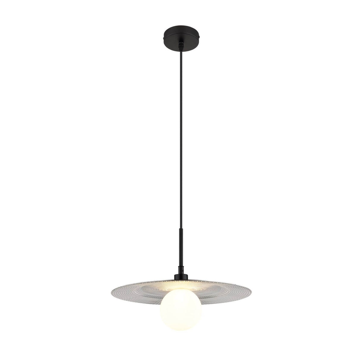 Suspension noire mat vue de face, câble long et diffuseur rond ajouré