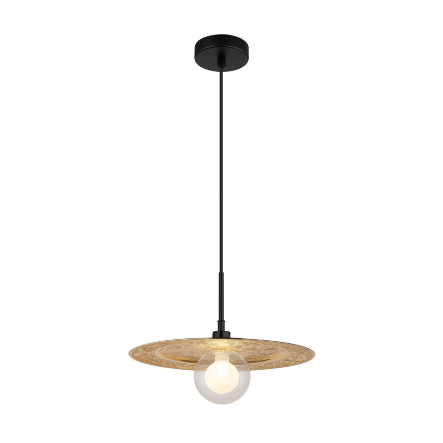 Vue de face du luminaire suspendu avec abat-jour doré festonné et globe en verre