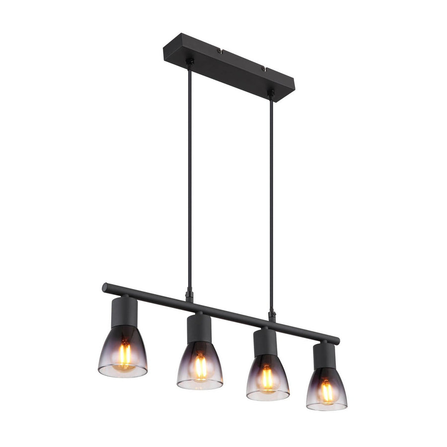 Suspension noire mate à quatre abat-jours en verre fumé et câbles verticaux.