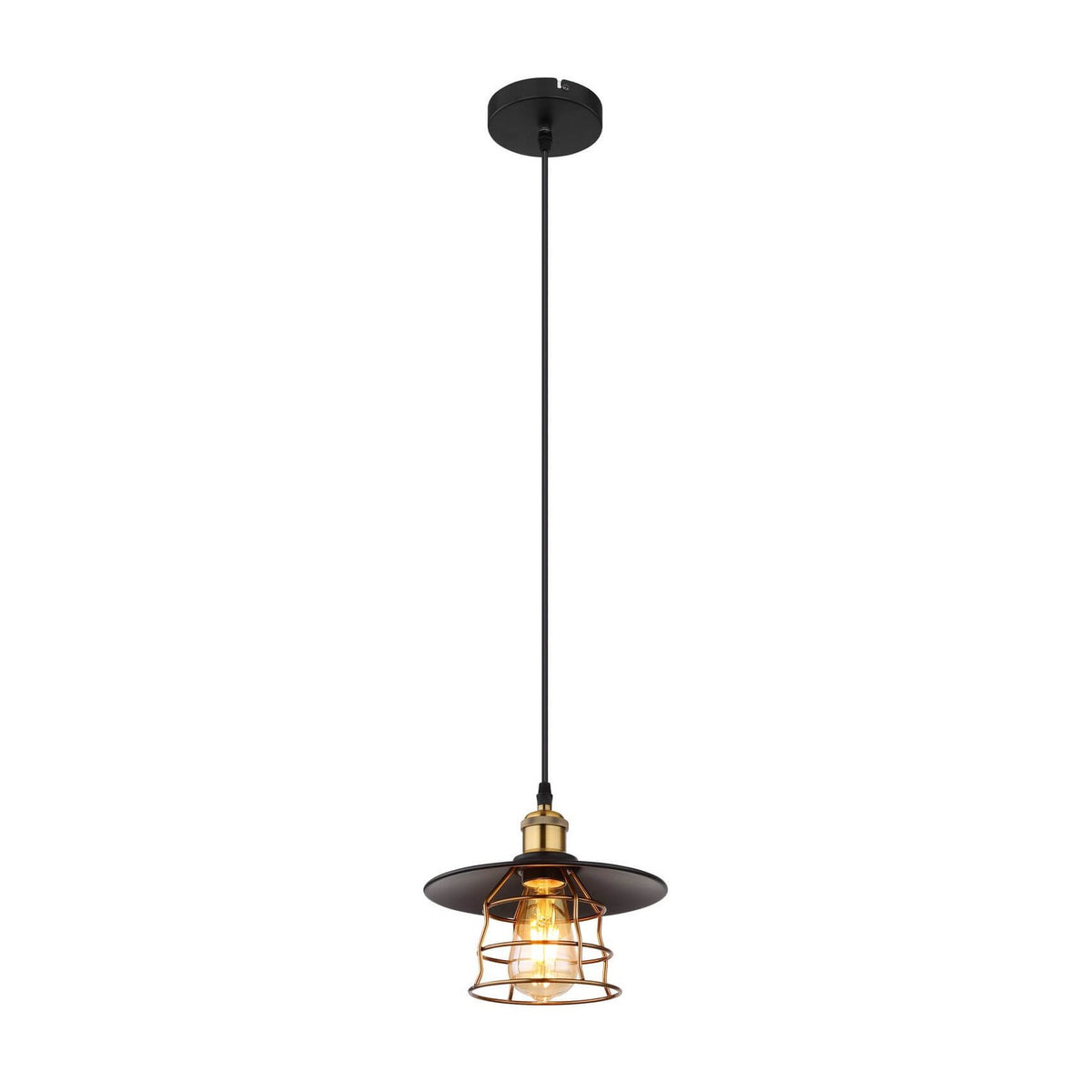 Suspension entière vue de profil, câble noir, rosace plafond et cage dorée