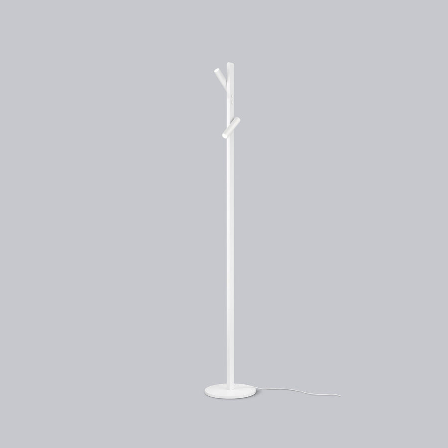 Lampadaire blanc avec pied rond et tige verticale sur fond gris neutre