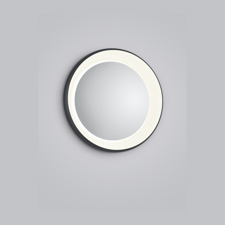 Plafonnier rond vu de face, cadre noir fin et large diffuseur blanc lumineux