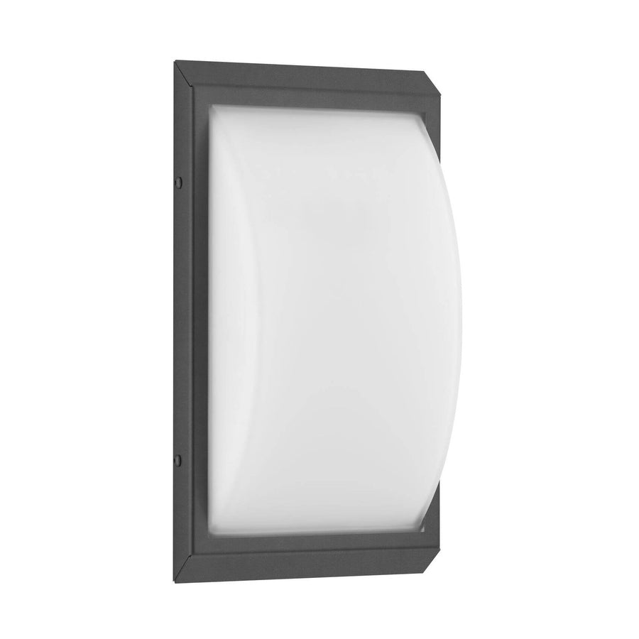 Vue de trois quarts d'une applique murale rectangulaire à cadre anthracite et diffuseur blanc.
