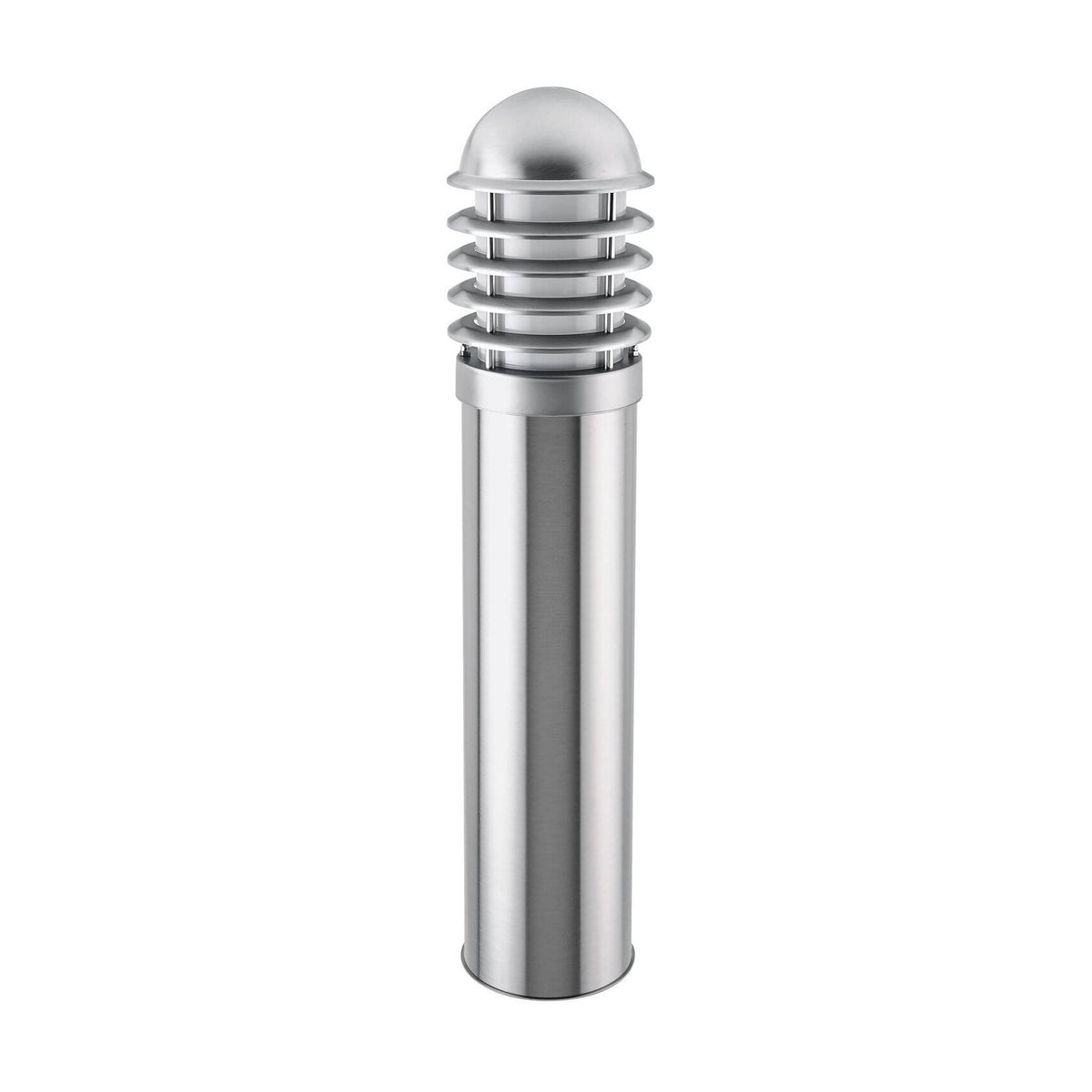 Vue de face d'une borne lumineuse cylindrique en inox avec capot bombé.