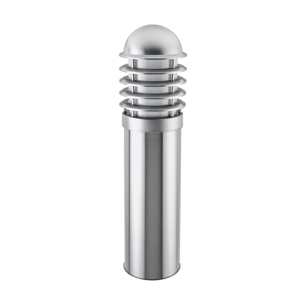 Borne extérieure cylindrique en inox avec dôme et anneaux superposés, vue de face sur fond blanc.