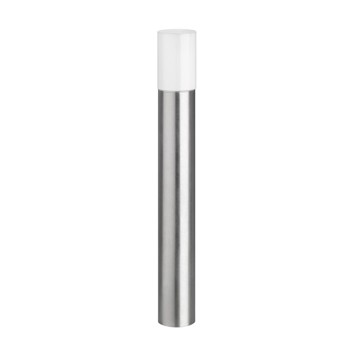 Borne lumineuse cylindrique en inox brossé avec diffuseur blanc, vue de face sur fond blanc